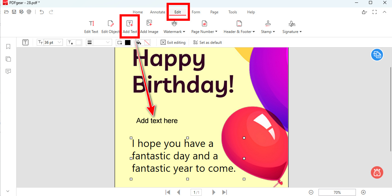 Edit the Birthday Card with PDFgear