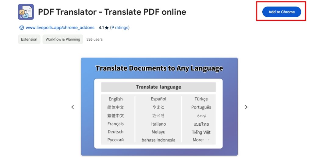 Click Add Chrome to Translate PDF in Chrome