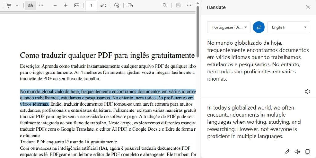 Translate PDF to English with Microsoft Edge 