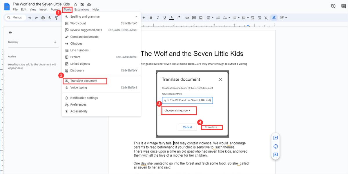 Translate PDFs in Google Docs