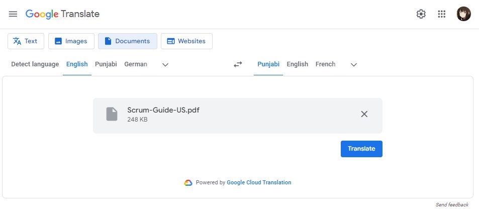 Google Document Translate from English to Punjabi