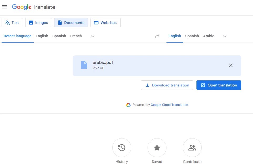 Google Translate Arabic to English PDF File