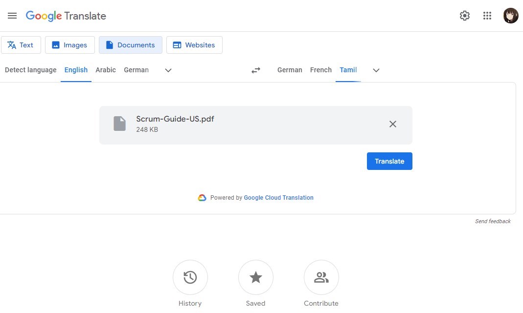 Google Translate Documents from English to Tamil