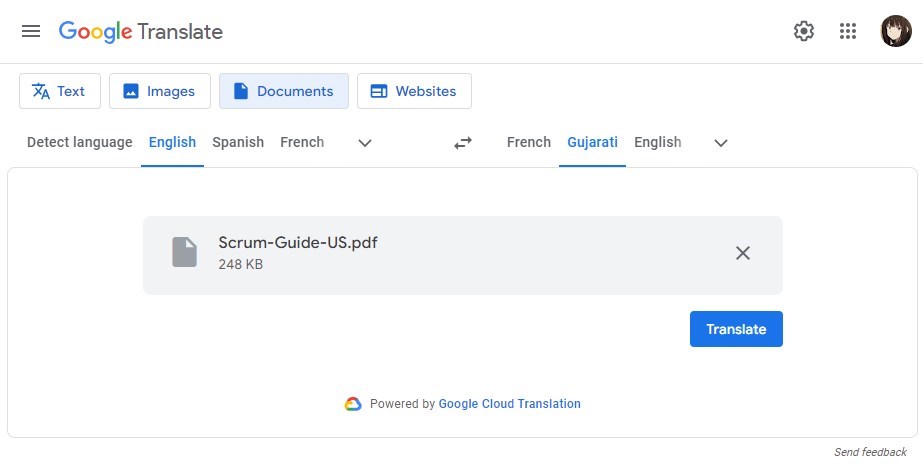 Google Translate English PDF to Gujarati