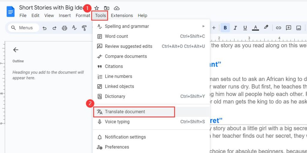 Open the Google Docs Translator Tool