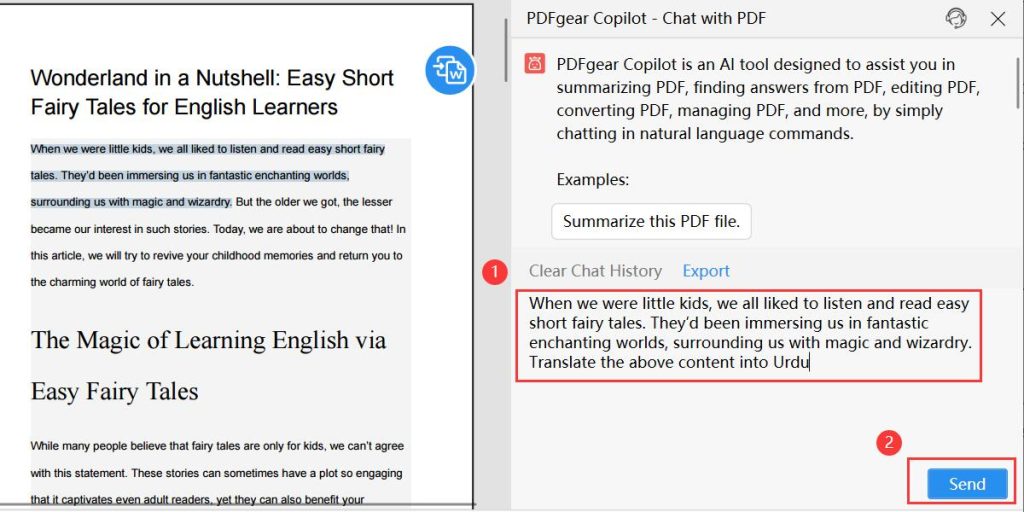 Send Translation Instruction in PDFgear Chatbot