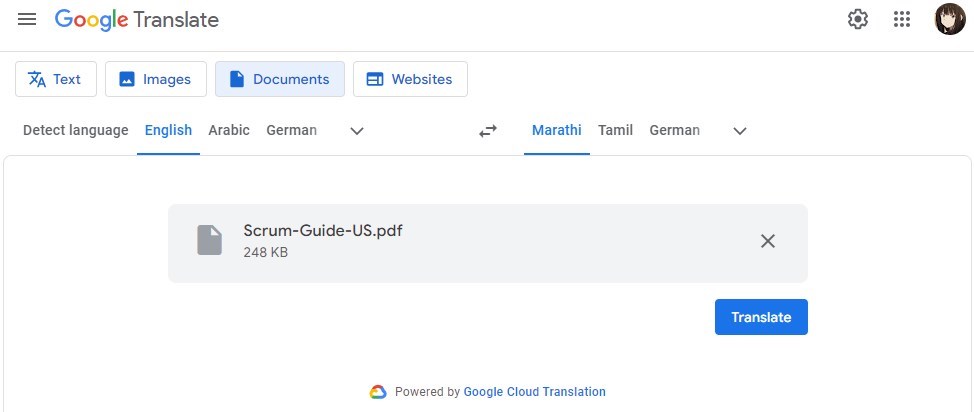 Translate English PDF to Marathi with Google Translate