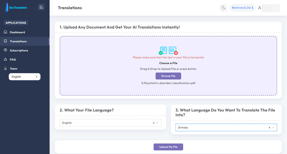 Translate English PDF to Sinhala with Doctranslator