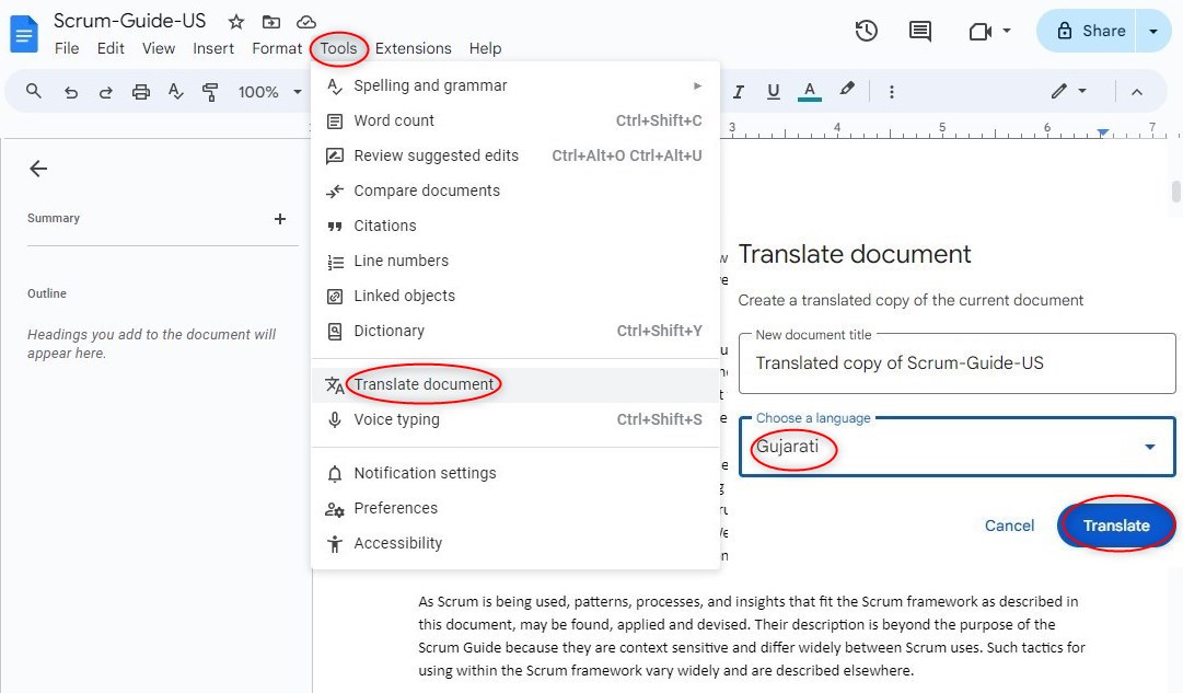 Translate English to Gujarati in Google Docs
