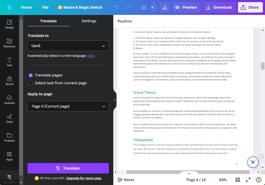 Translate PDF from English to Tamil with Canva