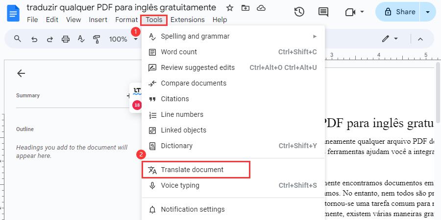 Use Google Docs Translator 