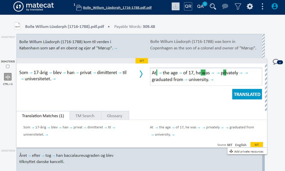 Translate PDF in Matecat