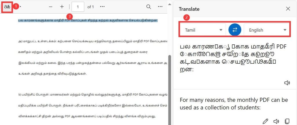 Translate Tamil to English in PDF with Microsoft Edge