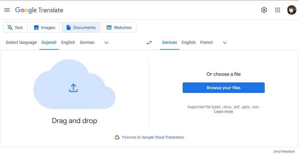 Upload a Gujarati PDF to Google Translate