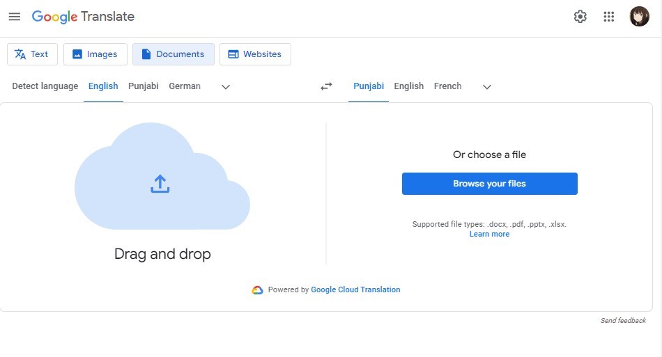 Upload a PDF Document to Google Translate