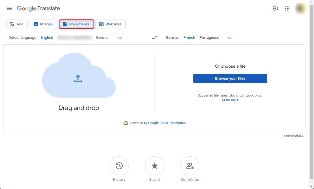 Upload a PDF File to Google Translate