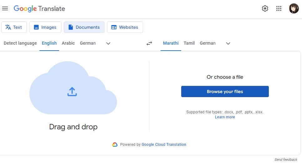 Upload an English PDF to Google Translate