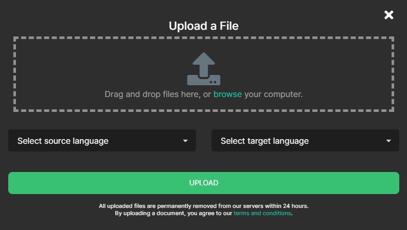 Upload an English PDF to OnlineTranslator