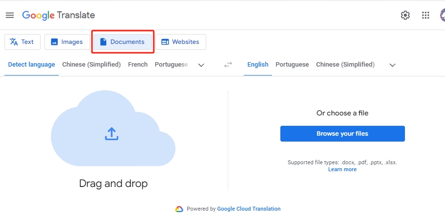 Open PDF in Google Translate 
