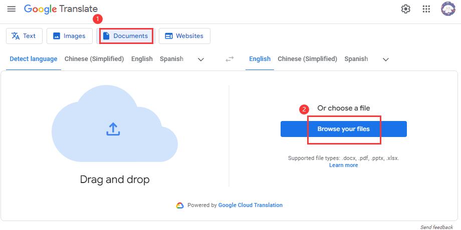 Upload PDF to Google Translate