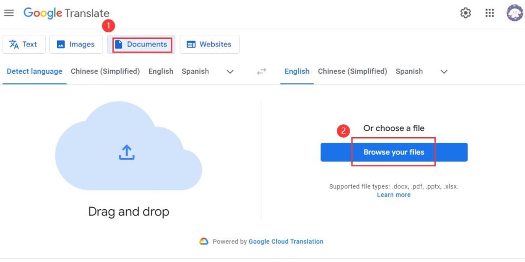 Upload PDF to Google Translate