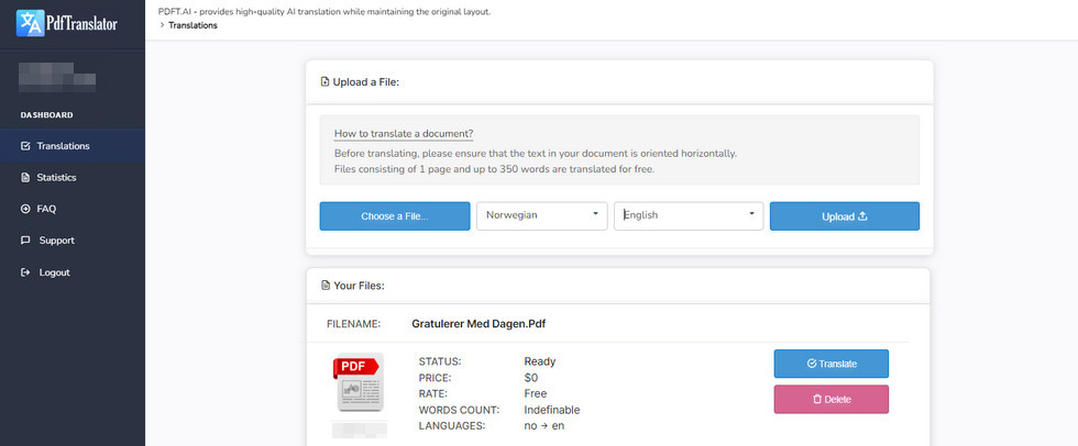 Upload PDF to PDFT.AI Translator