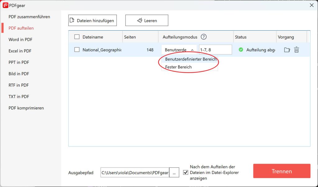 Einstellungen für den Dateisplitbereich