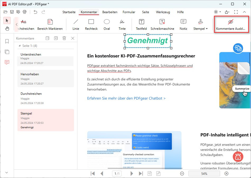 Anmerkungen ausblenden oder anzeigen