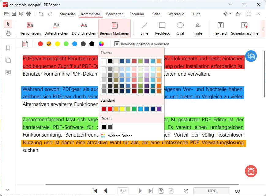 Bereichsmarkierung des PDF-Textes