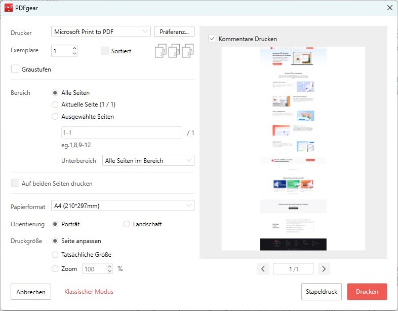 Die Druckeinstellungen für das PDF anpassen