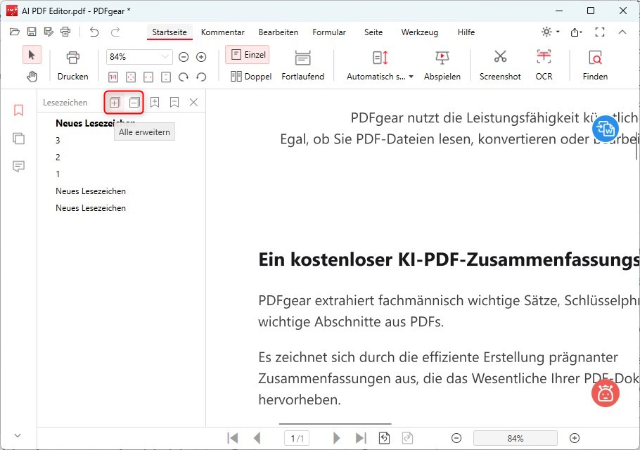 Lesezeichen erweitern oder reduzieren