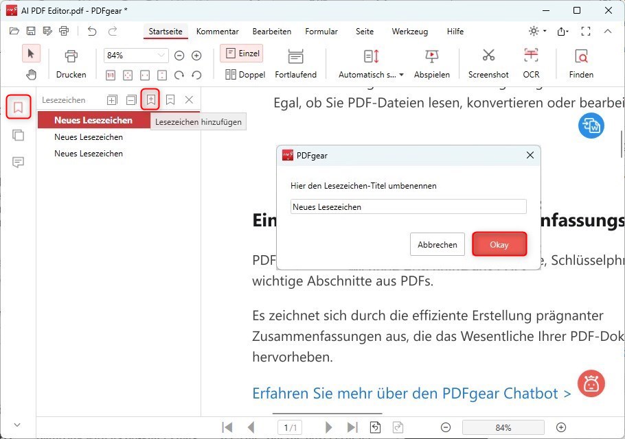 Lesezeichen hinzufügen und umbenennen