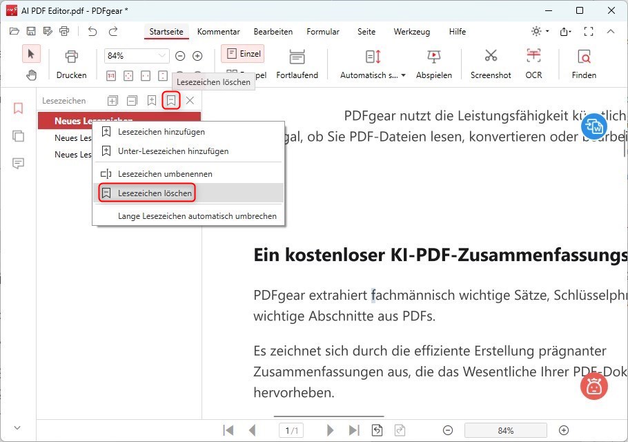 Lesezeichen löschen