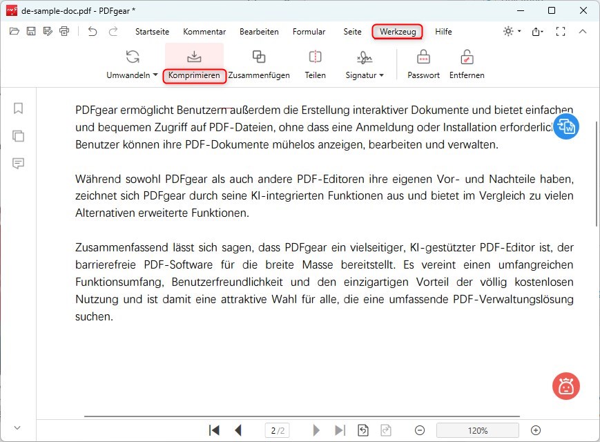 Option Komprimieren auswählen