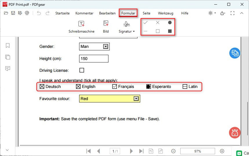 Symbole zum PDF-Formular hinzufügen