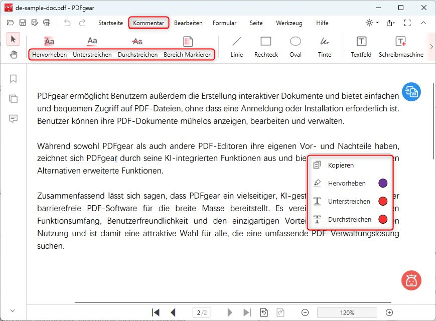 Textmarkierungswerkzeug öffnen