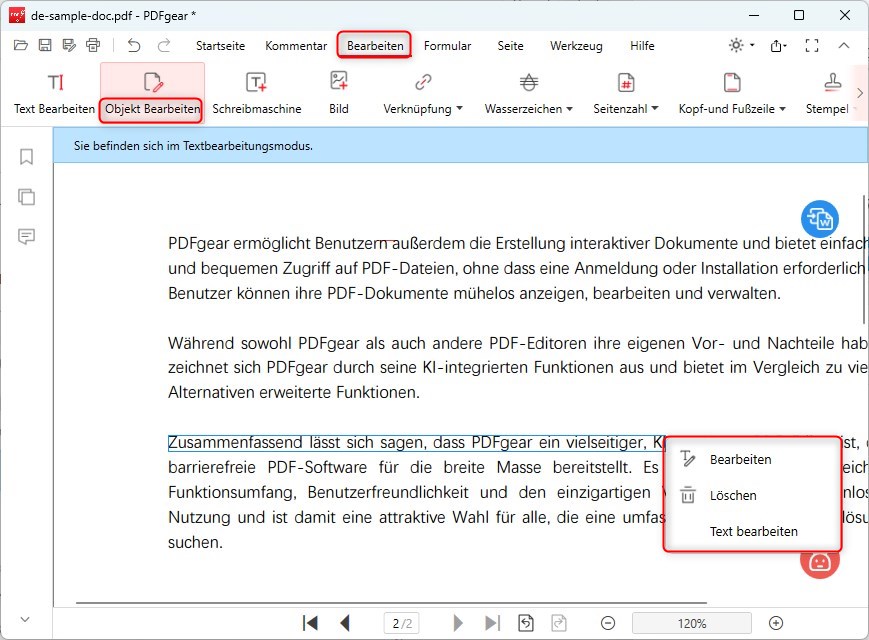 Textobjekt im PDF bearbeiten