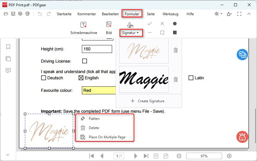 Unterschrift zum Formular hinzufügen