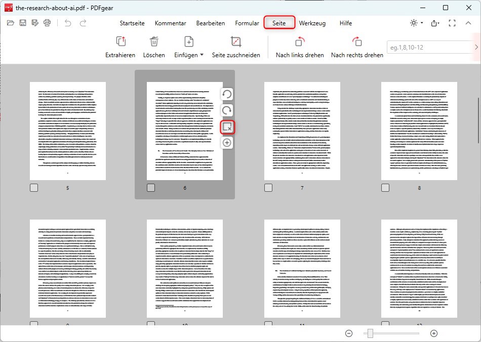 Verknüpfung zum Löschen der PDF-Seite