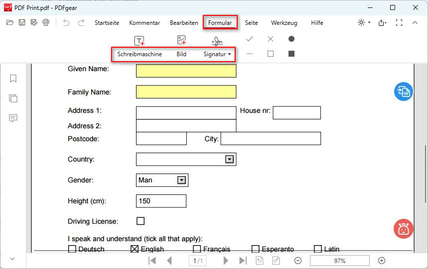 Werkzeuge zum Ausfüllen von PDF-Formularen