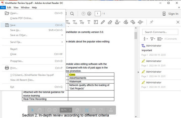 PDF-Dokument mit Kommentar aus Acrobat speichern