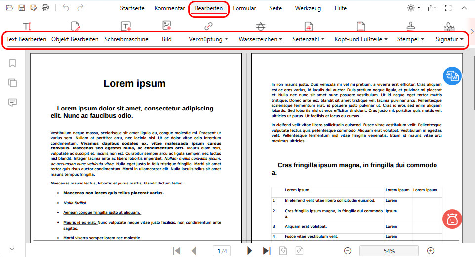 Bearbeitungsmenü in PDFgear