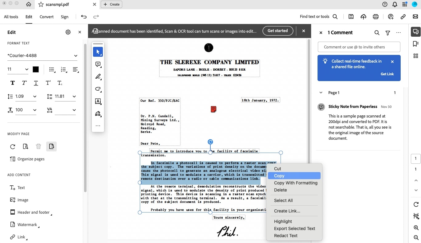 Markierten Text aus gescanntem PDF kopieren