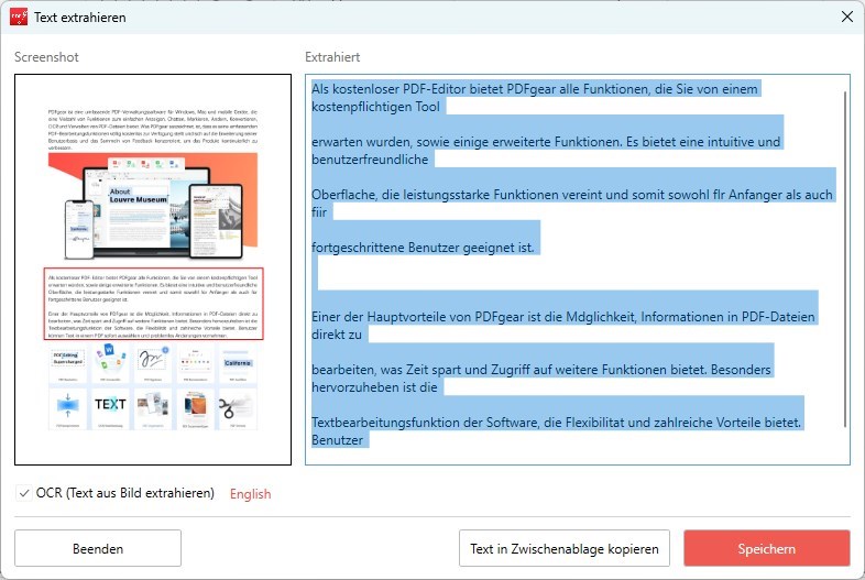 Den extrahierten Text kopieren oder speichern