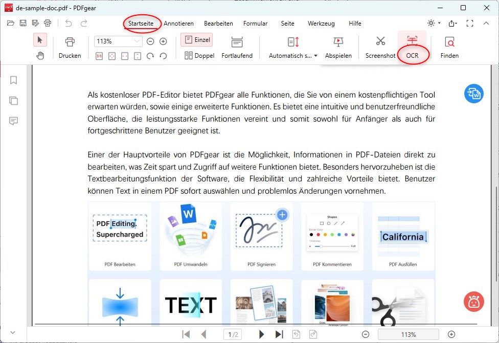 Die OCR-Funktion in PDFgear oeffnen