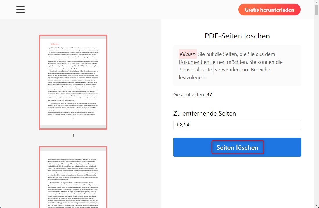 Die PDF-Seiten online entfernen
