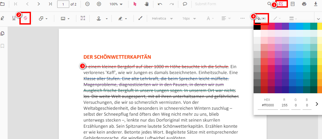 Text in PDFgear Online Editor durchstreichen