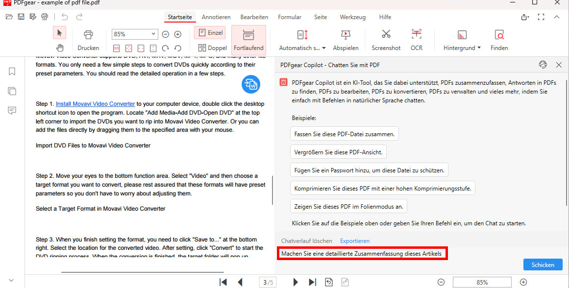 Holen Sie sich die Artikelzusammenfassung vom PDFgear Chatbot