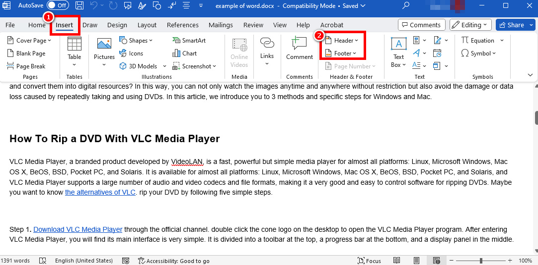 Parameter der Kopf- und Fußzeile in Microsoft Word festlegen