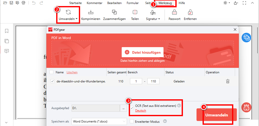 Eine gescannte PDF in PDFgear in Word konvertieren